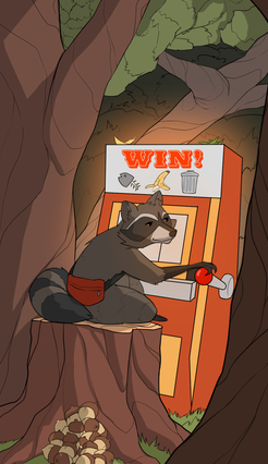A racoon winning at a slot machine in a forest