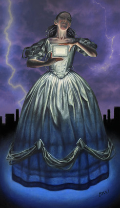 Someone in a silver dress with lightning and a city skyline behind them